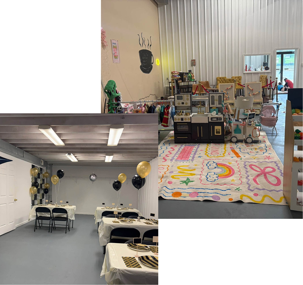 Room filled with lots of tables and chairs, balloons, a carpet on the floor, a door, lights on the ceiling